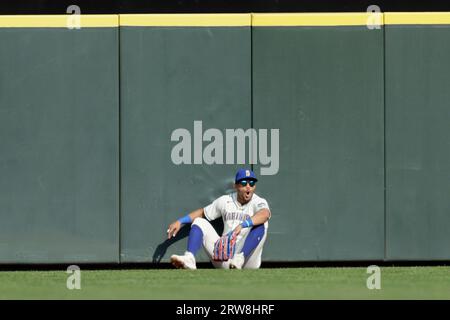 Los Angeles Dodgers center fielder James Outman reacts after