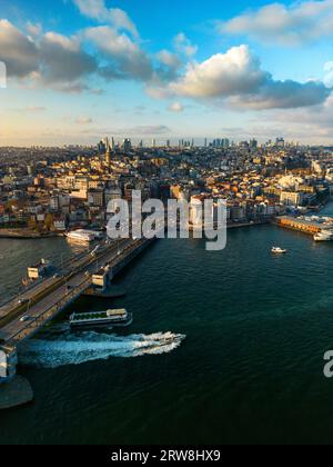 Drone view of the Galata Bridge, view of the Galata Tower. Spring Istanbul, sunset Stock Photo