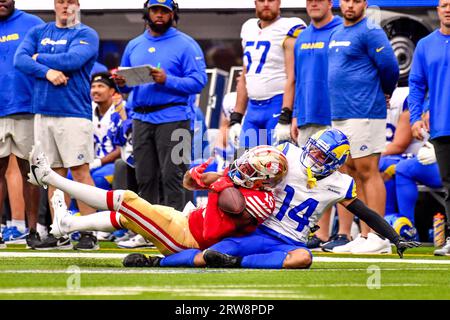 Los Angeles Rams cornerback Cobie Durant (14) gets set during an NFL  football game against the Seattle Seahawks, Sunday, Jan. 8, 2023, in  Seattle, WA. The Seahawks defeated the Rams in overtime