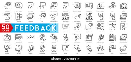 Feedback Outline Icon Collection. Thin Line Set contains such Icons as Rating, Testimonials, Quick Response, Satisfaction and more. Simple web icons Stock Vector