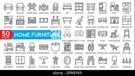 home furniture icon set. Home interior, linear icons. Piece of furniture for the living room, bedroom, office, workplace, children's room and kitchen. Stock Vector