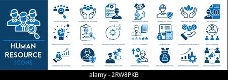 Human resources icons to business process, team work, personnel management, HR, staff rotation, coaching. Stock Vector