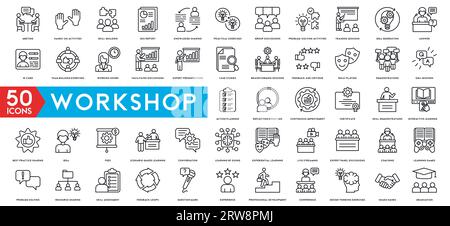 Workshop icon set. Containing team building, collaboration, teamwork, coaching, problem solving and education icons. Stock Vector
