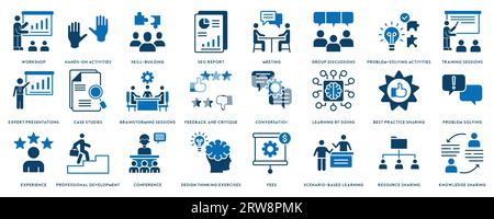 Workshop icon set. Containing team building, collaboration, teamwork, coaching, problem solving and education icons. Stock Vector