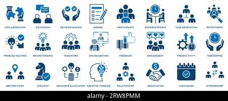 Meeting icon set. Included icons as meeting room, team, teamwork, presentation, idea, brainstorm and more. Stock Vector