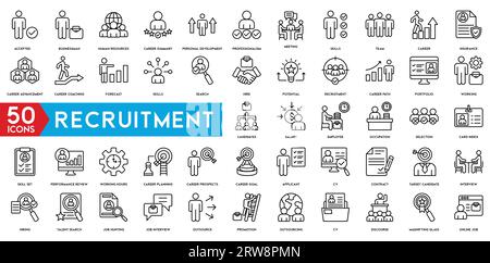 Recruitment icon set. Headhunting, career, resume, job hiring, candidate and human resource icons. Stock Vector