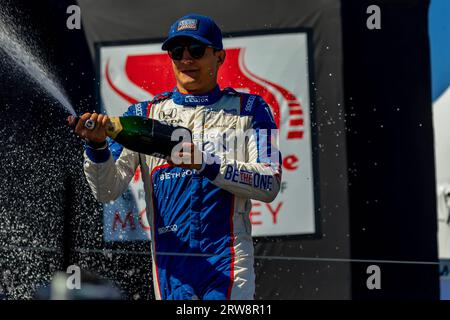 Monterey, CA, USA. 10th Sep, 2023. INDYCAR Series driver, ALEX PALOU (10) of Barcelona, Spain, wins the Astor Trophy and the championship at WeatherTech Raceway Laguna Seca in Monterey, CA. (Credit Image: © Riley S Bridges Grindstone Media/ASP) EDITORIAL USAGE ONLY! Not for Commercial USAGE! Stock Photo