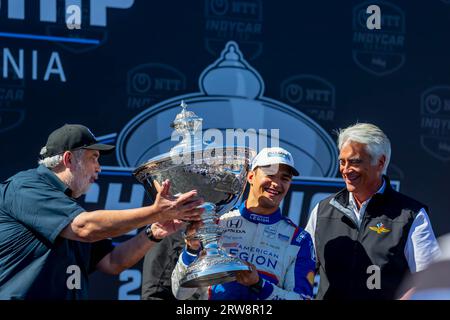 Monterey, CA, USA. 10th Sep, 2023. INDYCAR Series driver, ALEX PALOU (10) of Barcelona, Spain, wins the Astor Trophy and the championship at WeatherTech Raceway Laguna Seca in Monterey, CA. (Credit Image: © Riley S Bridges Grindstone Media/ASP) EDITORIAL USAGE ONLY! Not for Commercial USAGE! Stock Photo