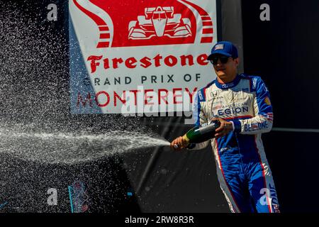 Monterey, CA, USA. 10th Sep, 2023. INDYCAR Series driver, ALEX PALOU (10) of Barcelona, Spain, wins the Astor Trophy and the championship at WeatherTech Raceway Laguna Seca in Monterey, CA. (Credit Image: © Riley S Bridges Grindstone Media/ASP) EDITORIAL USAGE ONLY! Not for Commercial USAGE! Stock Photo