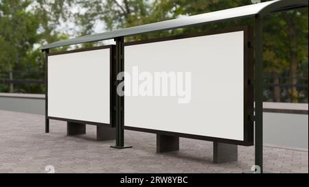 Large empty horizontal commercial billboards mockup mounted in the back of a bus stop in a city. 3d render, 3d illustration Stock Photo