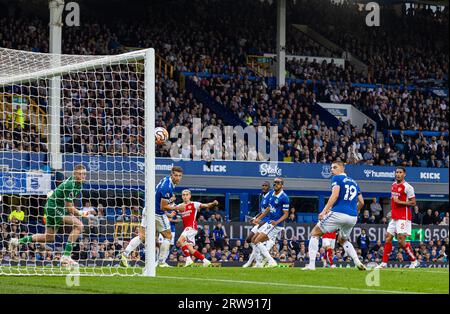 London, UK. 18th Sep, 2023. Arsenal's Leandro Trossard (3rd L) scores the winning goal during an English Premier League match between Everton and Arsenal in Liverpool, Britain, on Sept. 17, 2023. Credit: Xinhua/Alamy Live News Stock Photo
