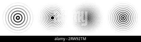 Black concentric ripple circles set. Linear sound wave rings collection. Epicenter, target, radar, sonar icon concept. Radial signal or vibration elements. Halftone vector illustration  Stock Vector