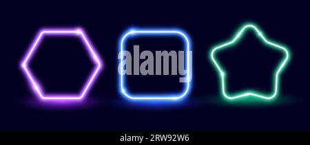 Neon colorful glow frame set. Illuminated star, square, hexagon shapes collection. Neon lighting design elements for banner, poster, collage, template. Vector shining signs illustration pack Stock Vector