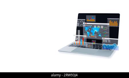 Laptop computer on white background and dashboard for business analysis. Data and management system with KPIs and indicators connected to databases fo Stock Photo