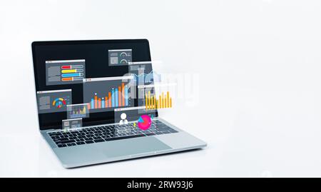 Laptop computer on white background and dashboard for business analysis. Data and management system with KPIs and indicators connected to databases fo Stock Photo
