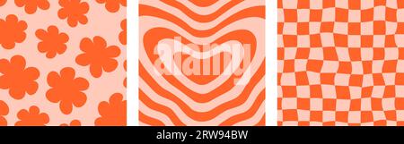 Groovy checkerboard and daisies seamless background set. Repeating retro flowers and checkered pattern collection. Vintage psychedelic wallpapers. Distorted red heart backdrop in 60s 70s style. Vector Stock Vector