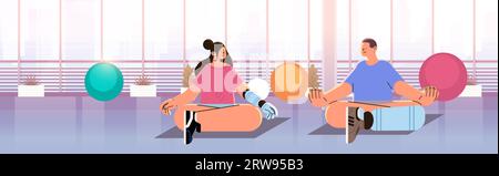 man woman with replaced robotic implants or prosthesis body parts sitting lotus pose disabled yoga class restoring normal functioning people with Stock Vector