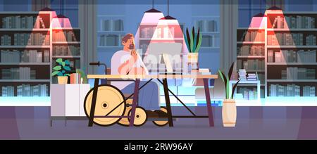 disabled man article editor in wheelchair guy working on computer people with disabilities concept modern living room interior Stock Vector