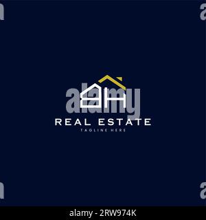 modern BH letter real estate logo in linear style with simple roof building in blue Stock Vector