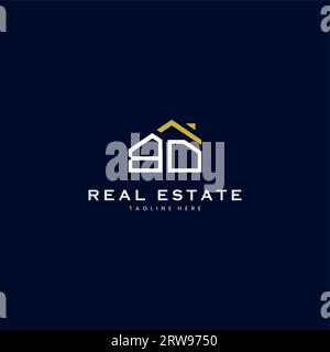 modern BD letter real estate logo in linear style with simple roof building in blue Stock Vector