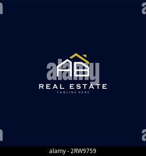 modern AB letter real estate logo in linear style with simple roof building in blue Stock Vector