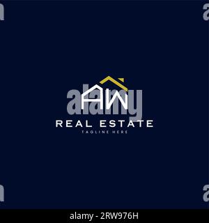 modern AT letter real estate logo in linear style with simple roof building in blue Stock Vector