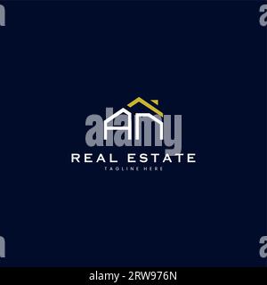 modern AN letter real estate logo in linear style with simple roof building in blue Stock Vector