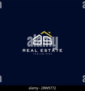 modern BS letter real estate logo in linear style with simple roof building in blue Stock Vector