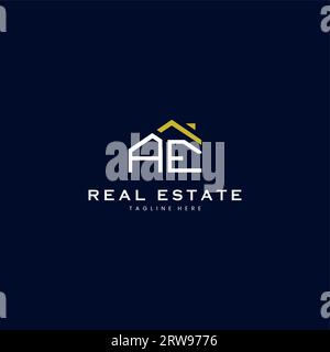 modern AE letter real estate logo in linear style with simple roof building in blue Stock Vector