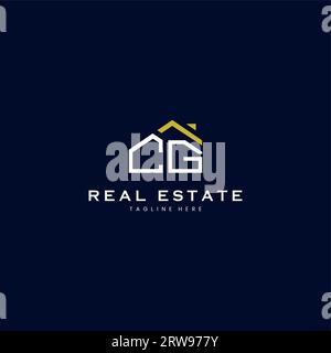modern CG letter real estate logo in linear style with simple roof building in blue Stock Vector