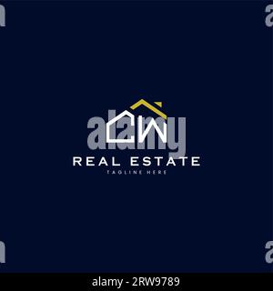 modern CW letter real estate logo in linear style with simple roof building in blue Stock Vector
