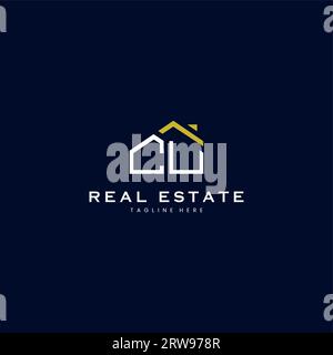 modern CU letter real estate logo in linear style with simple roof building in blue Stock Vector