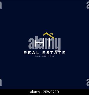 modern HI letter real estate logo in linear style with simple roof building in blue Stock Vector