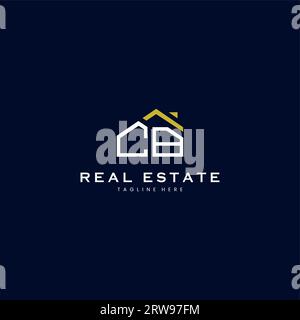 modern CB letter real estate logo in linear style with simple roof building in blue Stock Vector