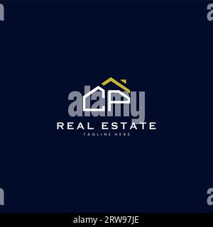 modern CP letter real estate logo in linear style with simple roof building in blue Stock Vector