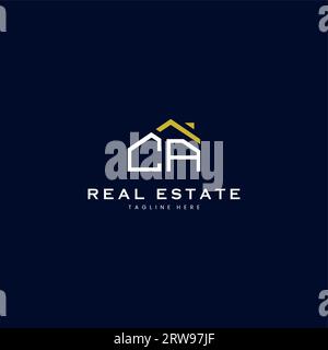 modern CA letter real estate logo in linear style with simple roof building in blue Stock Vector