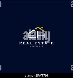 modern EH letter real estate logo in linear style with simple roof building in blue Stock Vector