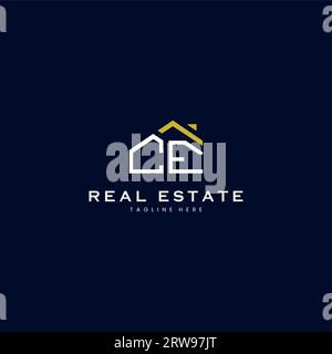 modern CE letter real estate logo in linear style with simple roof building in blue Stock Vector