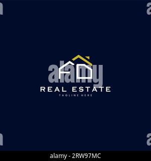 modern FD letter real estate logo in linear style with simple roof building in blue Stock Vector