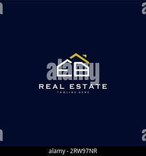modern EB letter real estate logo in linear style with simple roof building in blue Stock Vector