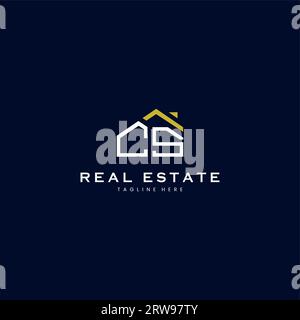 modern CS letter real estate logo in linear style with simple roof building in blue Stock Vector