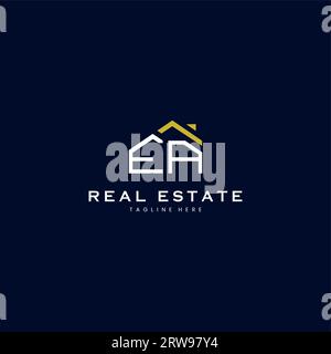 modern EA letter real estate logo in linear style with simple roof building in blue Stock Vector