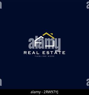 modern FJ letter real estate logo in linear style with simple roof building in blue Stock Vector