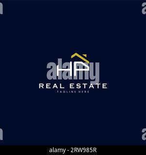 modern HP letter real estate logo in linear style with simple roof building in blue Stock Vector