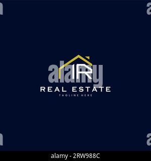 modern IR letter real estate logo in linear style with simple roof building in blue Stock Vector