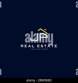 modern JP letter real estate logo in linear style with simple roof building in blue Stock Vector