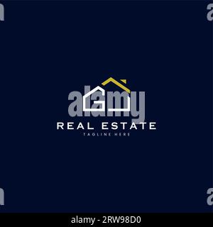 modern GJ letter real estate logo in linear style with simple roof building in blue Stock Vector