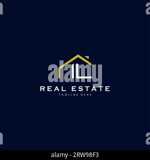 modern IL letter real estate logo in linear style with simple roof building in blue Stock Vector