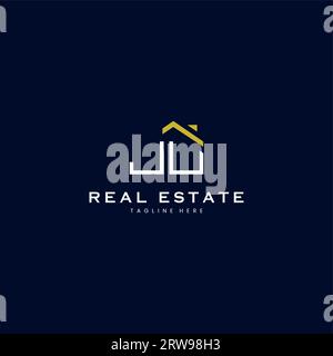modern JU letter real estate logo in linear style with simple roof building in blue Stock Vector