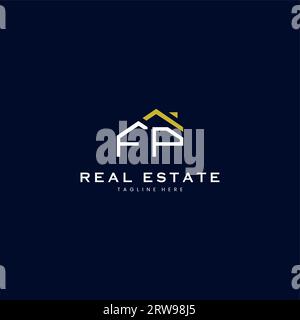 modern FP letter real estate logo in linear style with simple roof building in blue Stock Vector